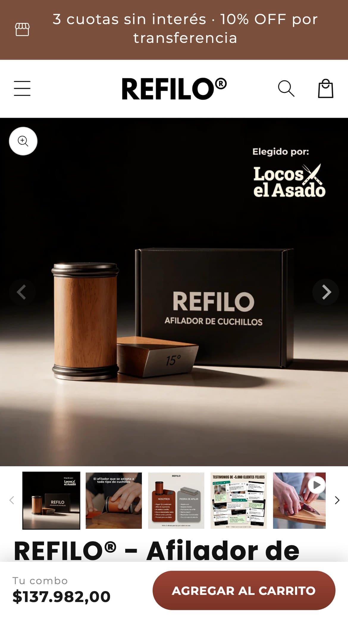 Página de producto de Refilo en el celular